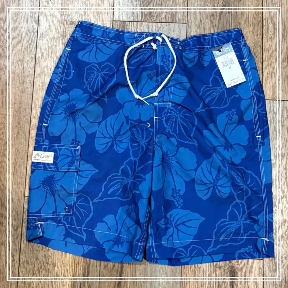 Chaps Swim Trunks Mens Medium‎ Blue New Tropical Hibiscus Floral Cargo Shorts